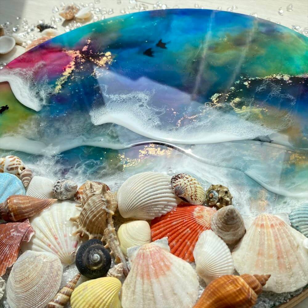 最安値大人気レジンアート　波　貝殻　砂浜　シーグラス　　　　　　　　海亀　[ 旅立ち ] 立体・オブジェ